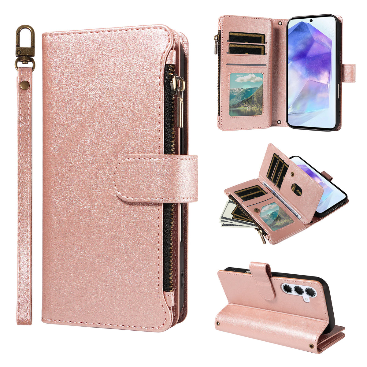 For Samsung Galaxy A55 5G Leather Case 9 Card Slots Zipper Pocket Phone Cover with Wrist Strap