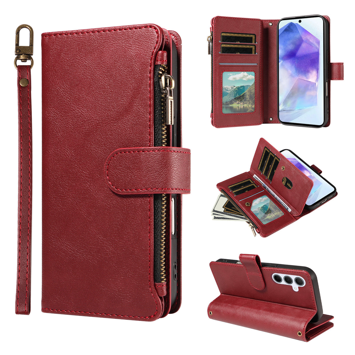 For Samsung Galaxy A55 5G Leather Case 9 Card Slots Zipper Pocket Phone Cover with Wrist Strap