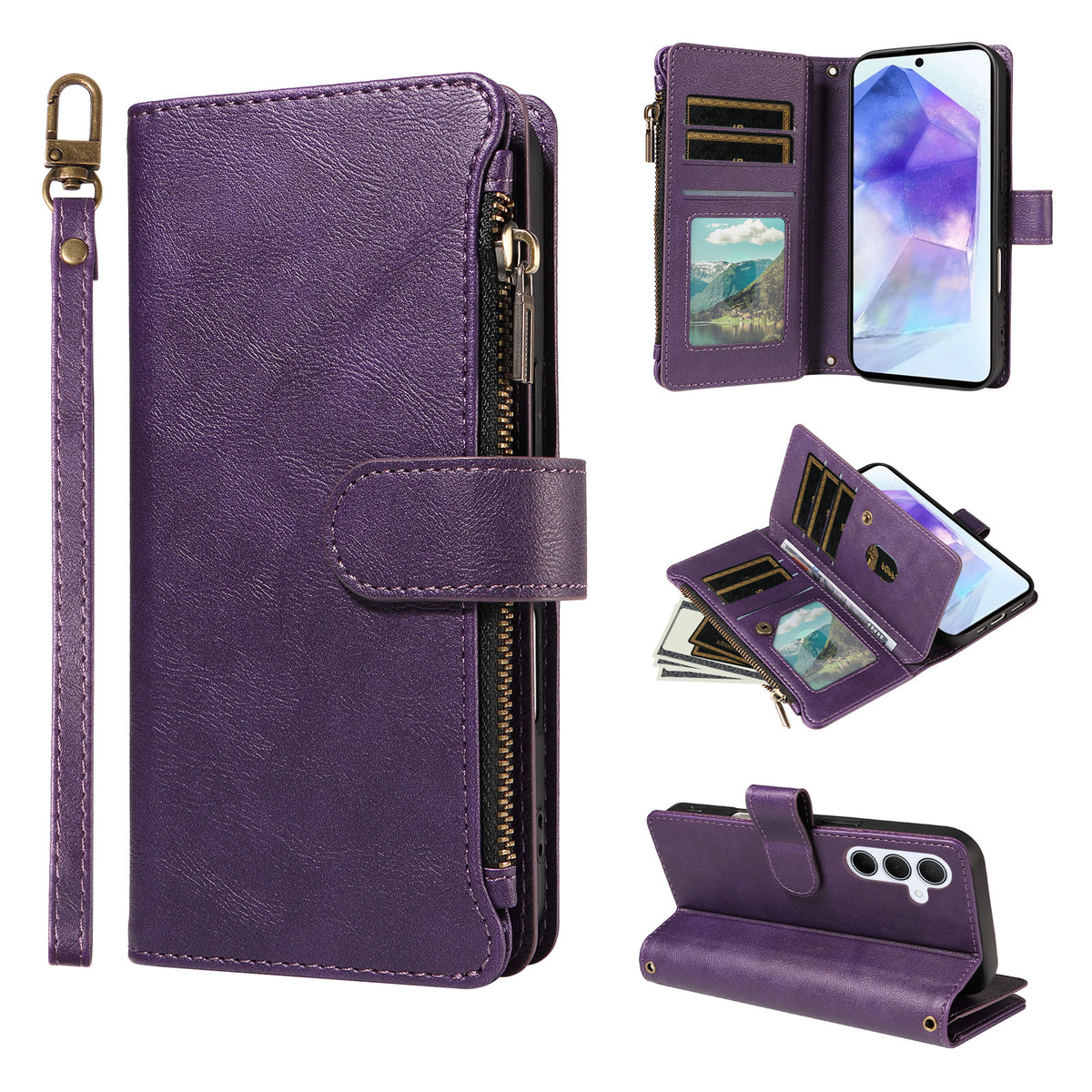 For Samsung Galaxy A55 5G Leather Case 9 Card Slots Zipper Pocket Phone Cover with Wrist Strap