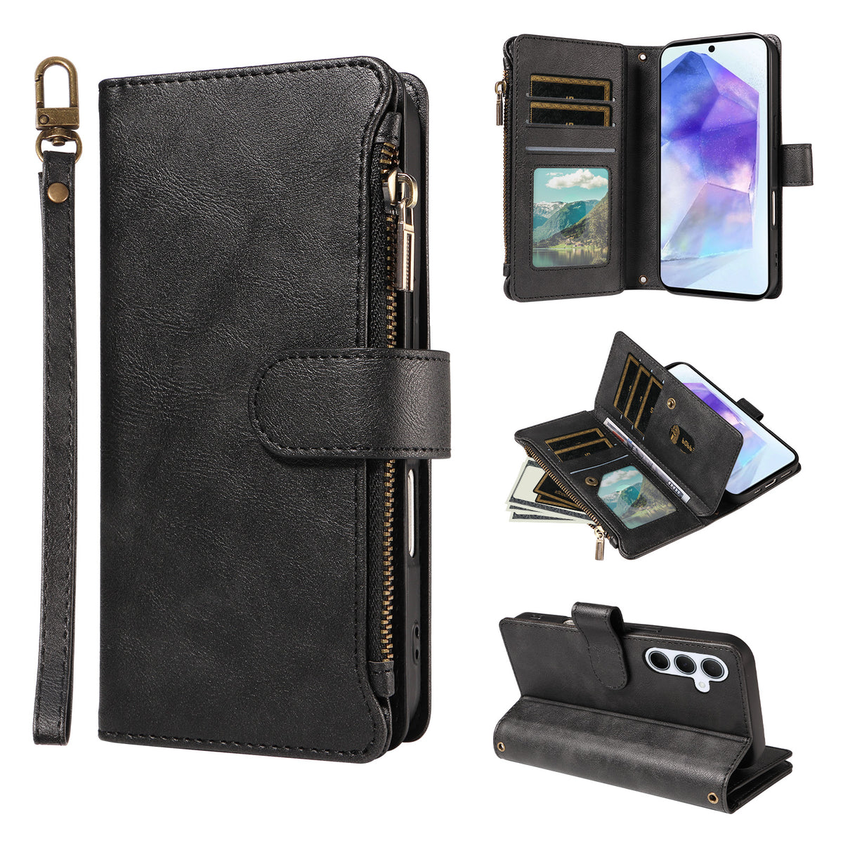 For Samsung Galaxy A55 5G Leather Case 9 Card Slots Zipper Pocket Phone Cover with Wrist Strap