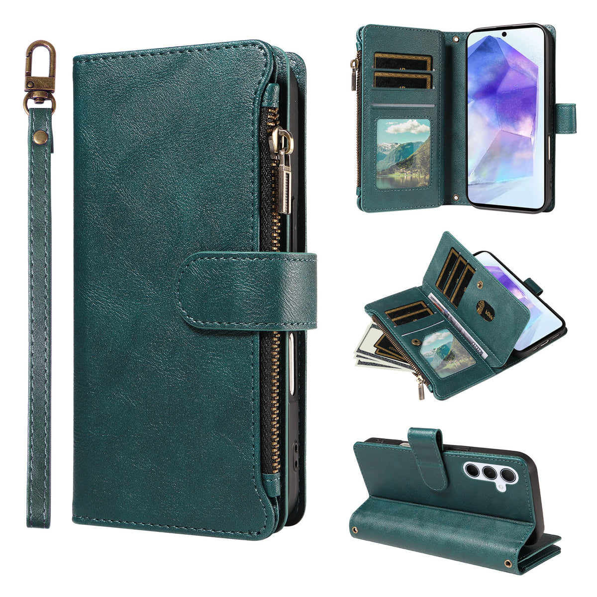 For Samsung Galaxy A55 5G Leather Case 9 Card Slots Zipper Pocket Phone Cover with Wrist Strap