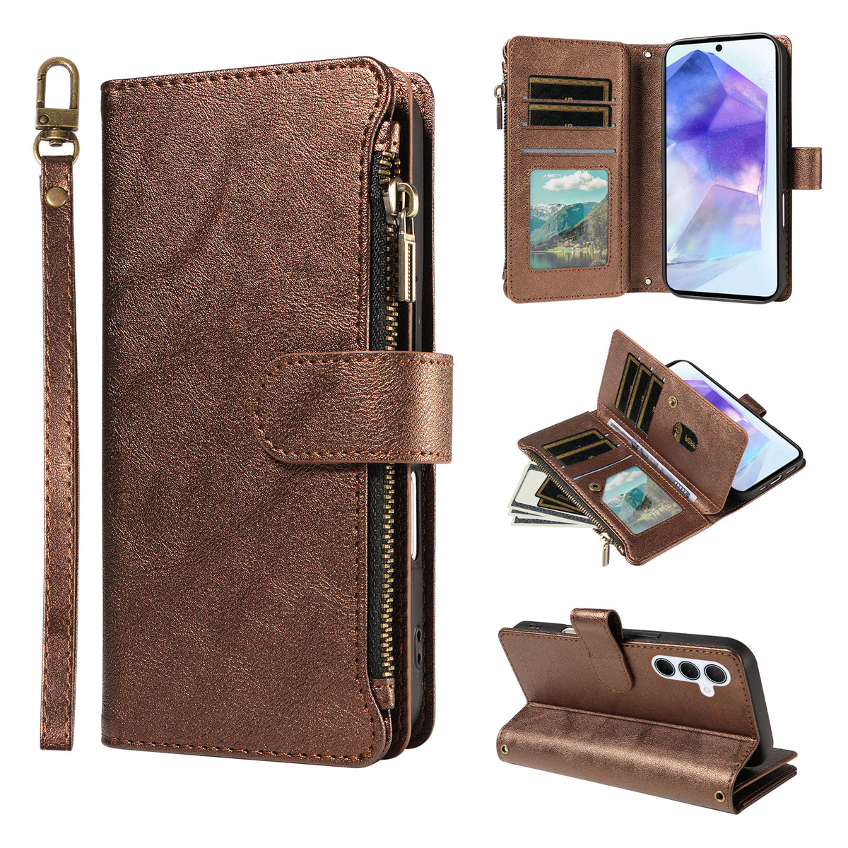 For Samsung Galaxy A55 5G Leather Case 9 Card Slots Zipper Pocket Phone Cover with Wrist Strap