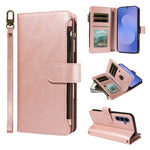 For Samsung Galaxy S26 FE Leather Case 9 Card Slots Zipper Pocket Phone Cover with Wrist Strap