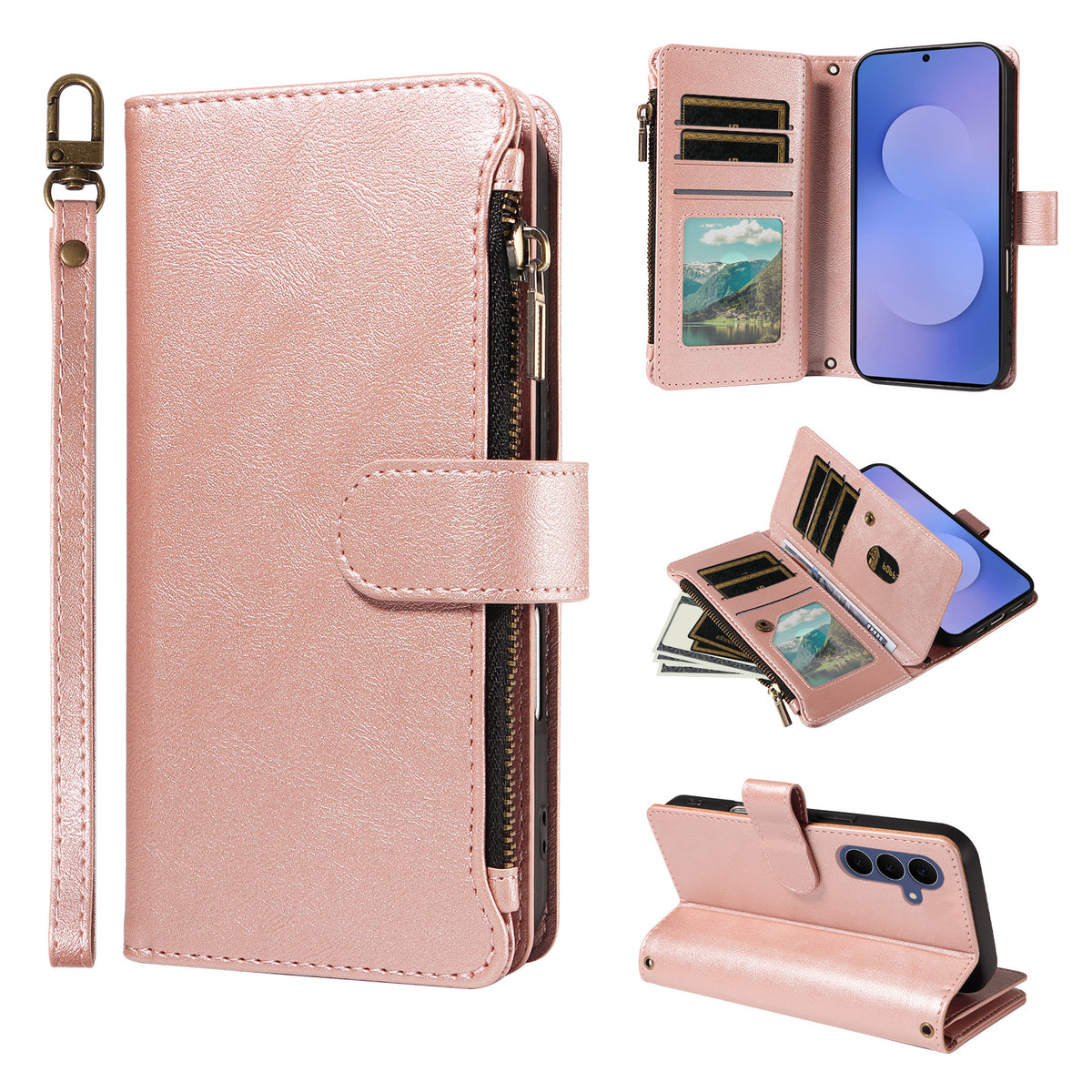 For Samsung Galaxy S26 FE Leather Case 9 Card Slots Zipper Pocket Phone Cover with Wrist Strap