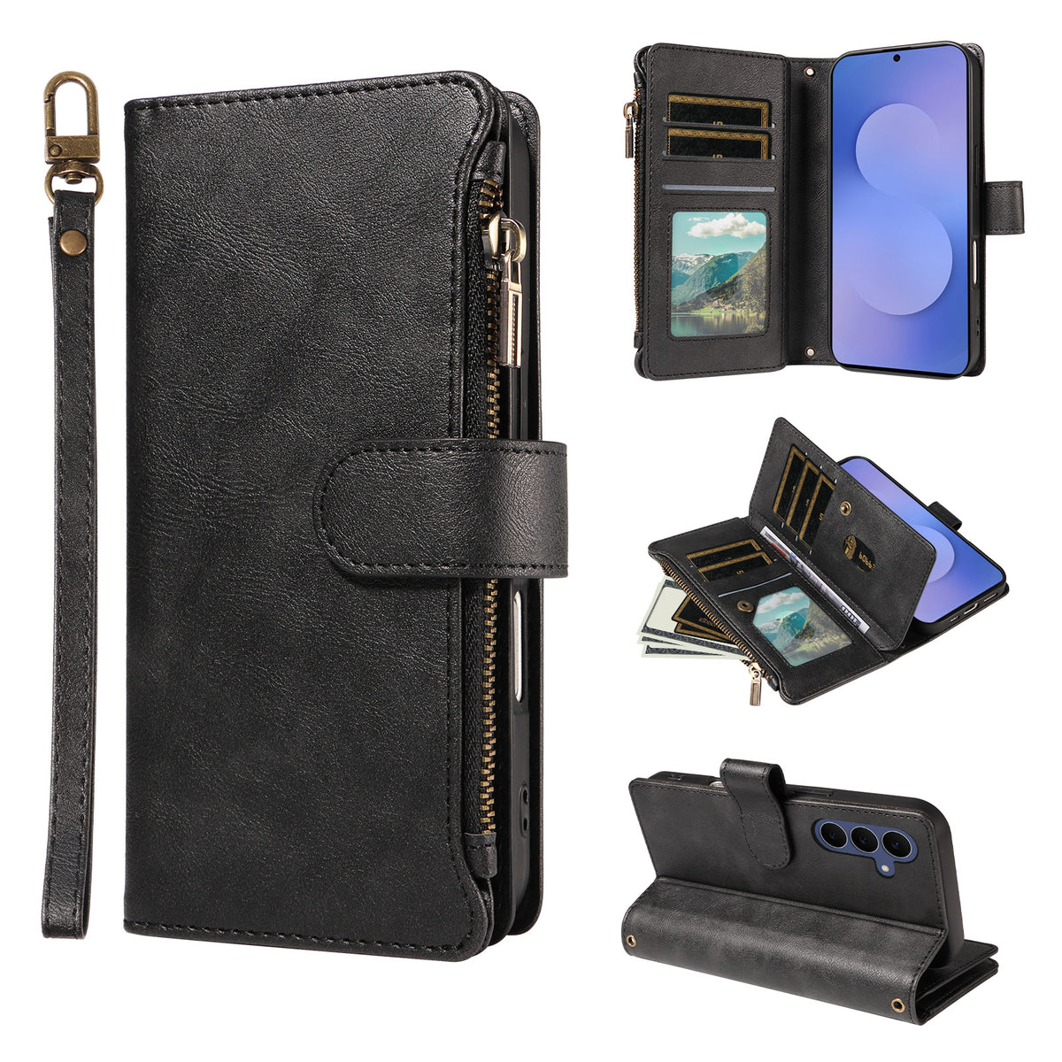 For Samsung Galaxy S26 FE Leather Case 9 Card Slots Zipper Pocket Phone Cover with Wrist Strap