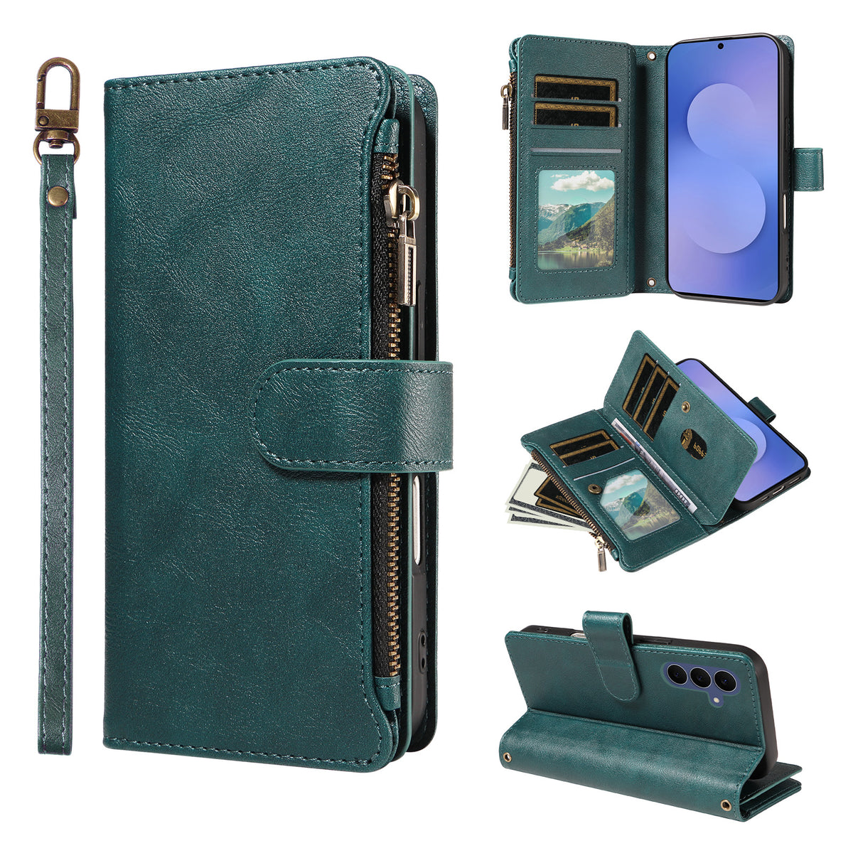 For Samsung Galaxy S26 FE Leather Case 9 Card Slots Zipper Pocket Phone Cover with Wrist Strap