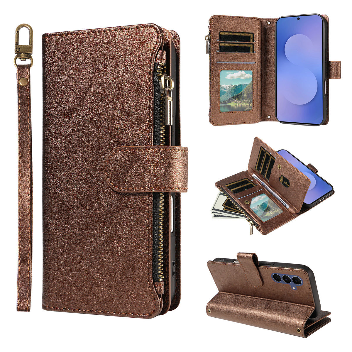 For Samsung Galaxy S26 FE Leather Case 9 Card Slots Zipper Pocket Phone Cover with Wrist Strap