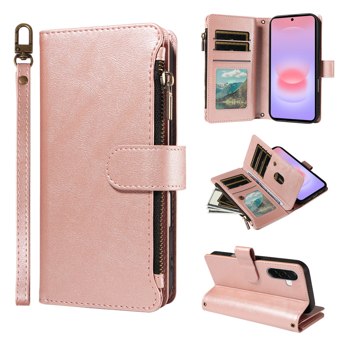 For Samsung Galaxy A37 5G Leather Case 9 Card Slots Zipper Pocket Phone Cover with Wrist Strap