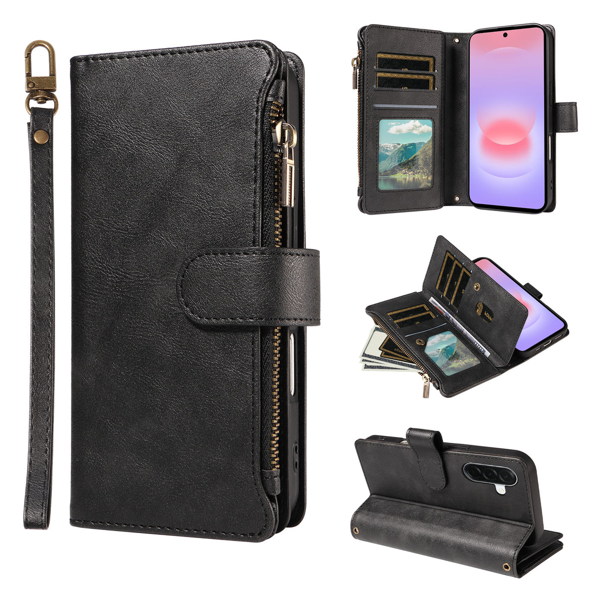 For Samsung Galaxy A37 5G Leather Case 9 Card Slots Zipper Pocket Phone Cover with Wrist Strap