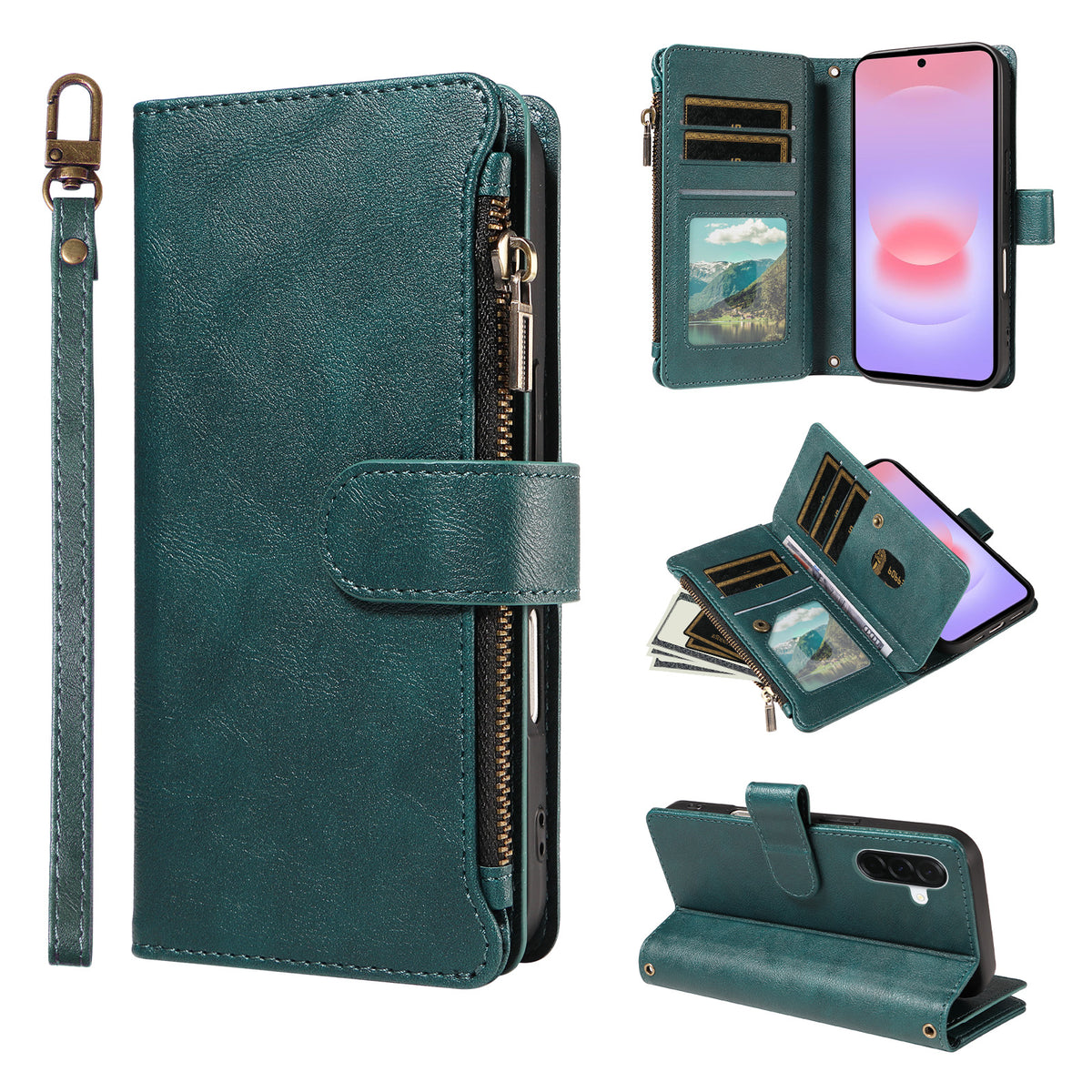 For Samsung Galaxy A37 5G Leather Case 9 Card Slots Zipper Pocket Phone Cover with Wrist Strap