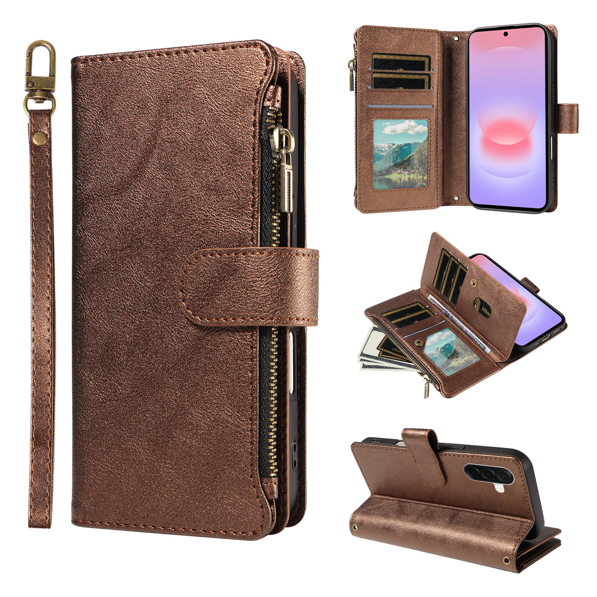 For Samsung Galaxy A37 5G Leather Case 9 Card Slots Zipper Pocket Phone Cover with Wrist Strap