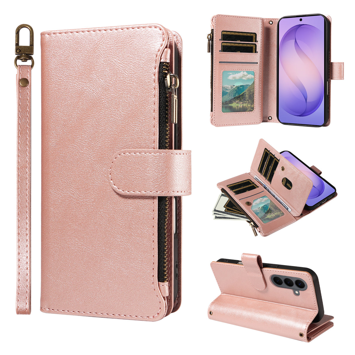 For Samsung Galaxy S26+ Leather Case 9 Card Slots Zipper Pocket Phone Cover with Wrist Strap