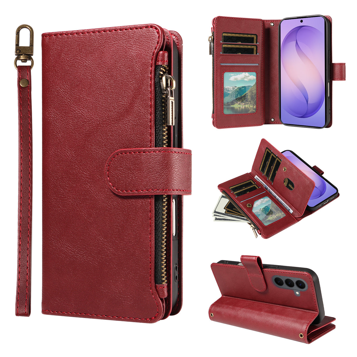 For Samsung Galaxy S26+ Leather Case 9 Card Slots Zipper Pocket Phone Cover with Wrist Strap