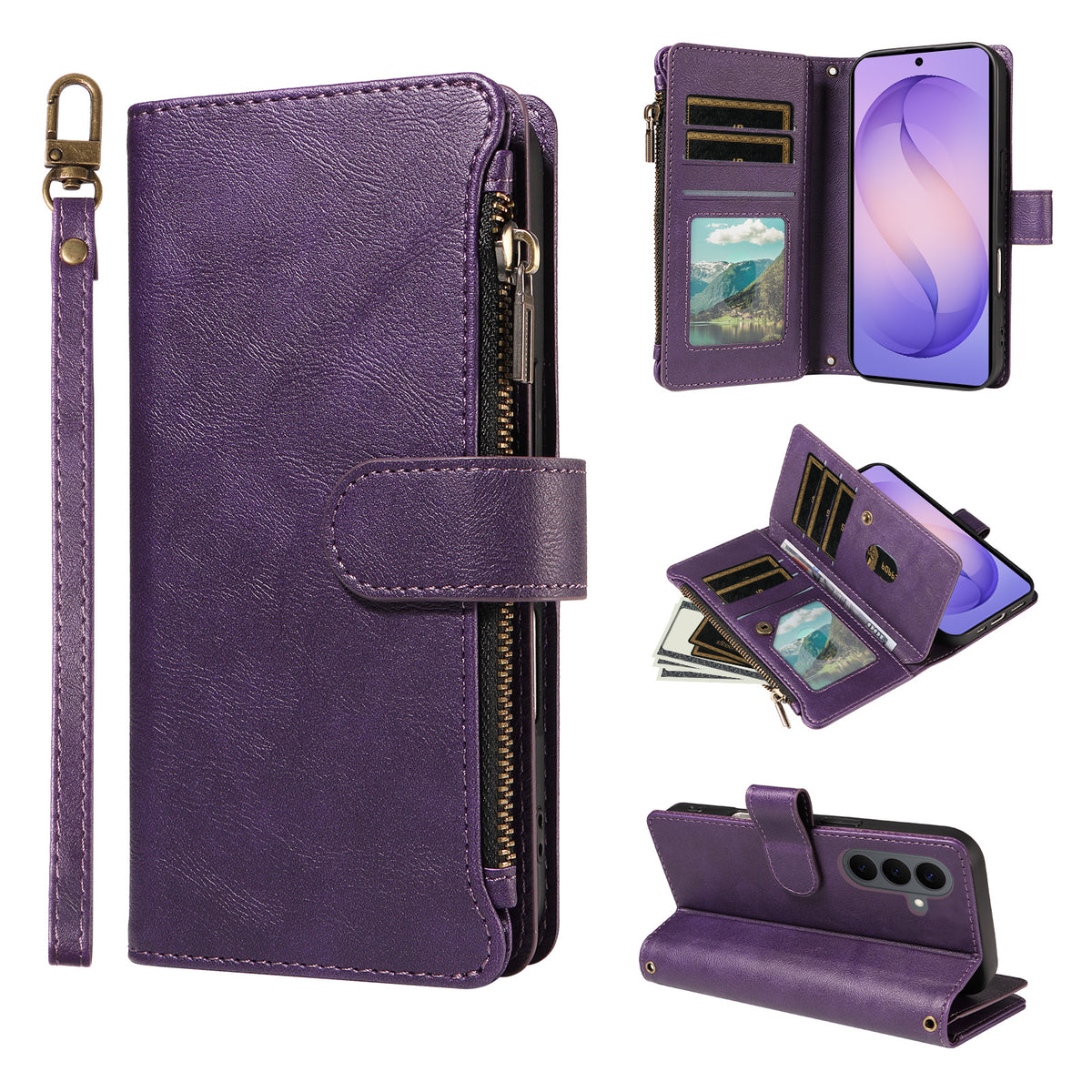 For Samsung Galaxy S26+ Leather Case 9 Card Slots Zipper Pocket Phone Cover with Wrist Strap