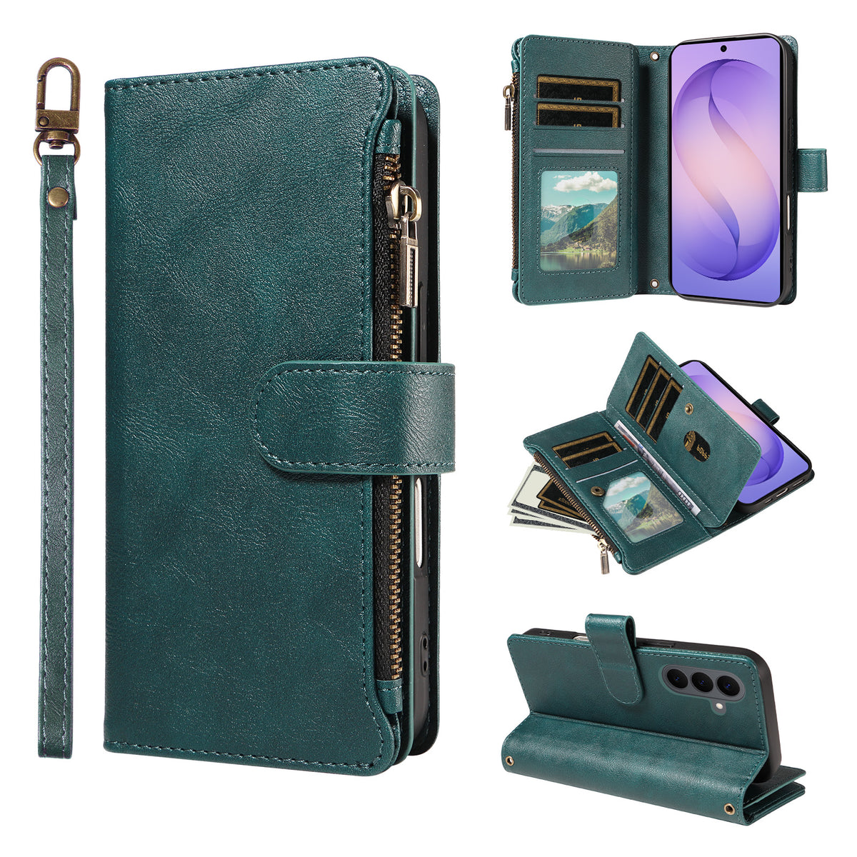 For Samsung Galaxy S26+ Leather Case 9 Card Slots Zipper Pocket Phone Cover with Wrist Strap