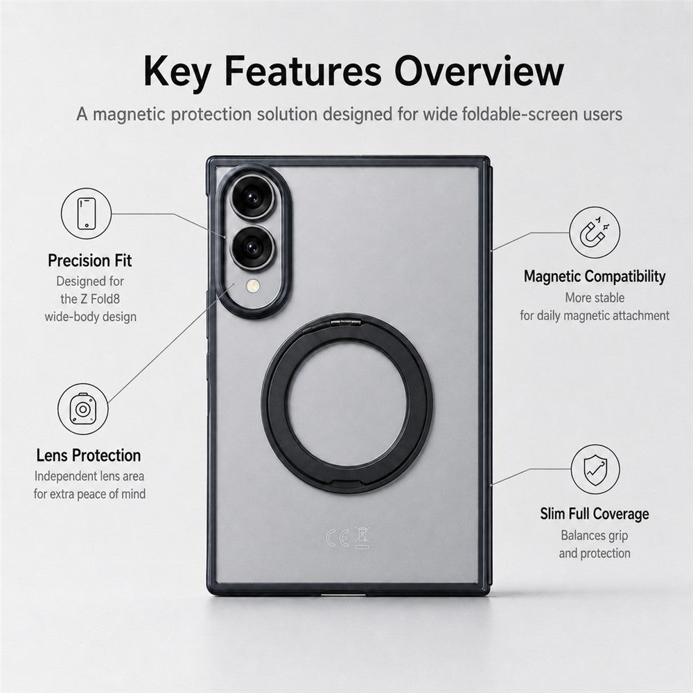 Til Samsung Galaxy Z Fold8 cover Roterende magnetisk støtteben Gennemsigtigt PC telefoncover med hærdet glas skærmbeskytter