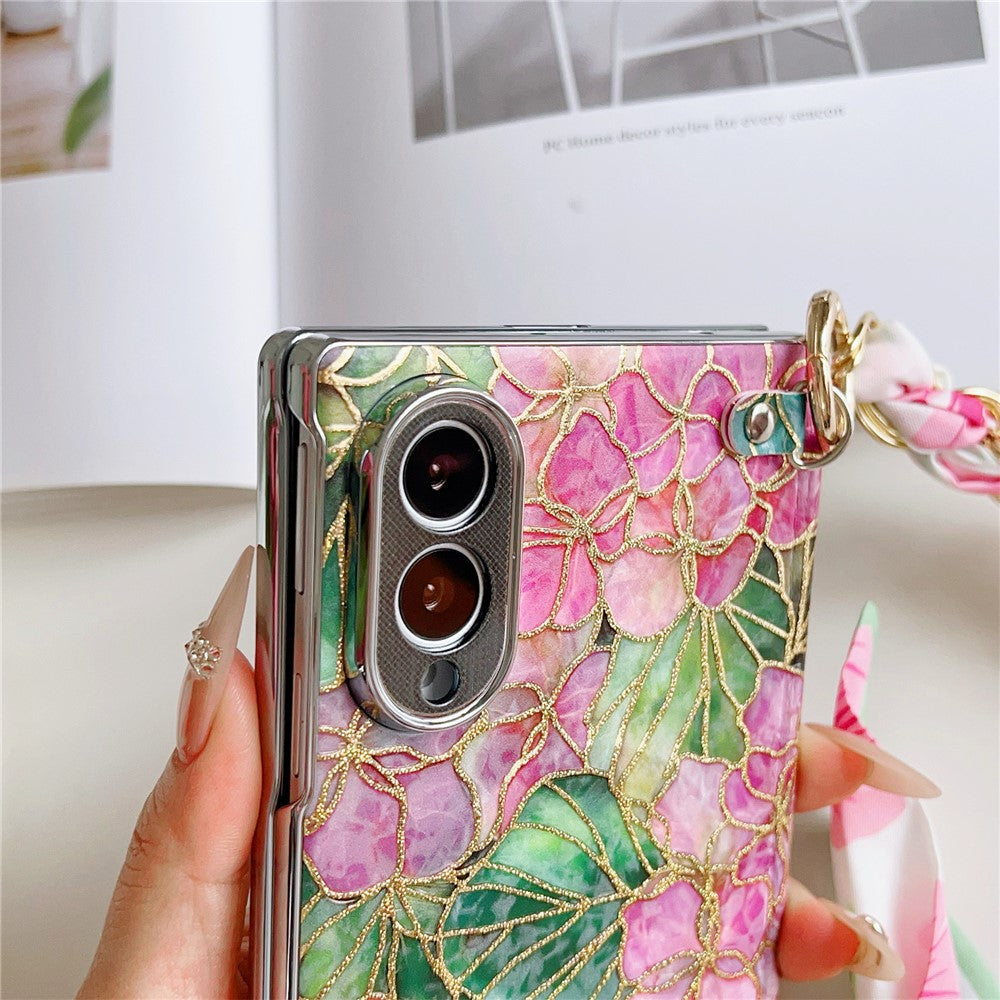 For Samsung Galaxy Z Fold8 Case Gilded Floral Pattern Hard PC Phone Cover with Detachable Silk Ribbon Hand Strap