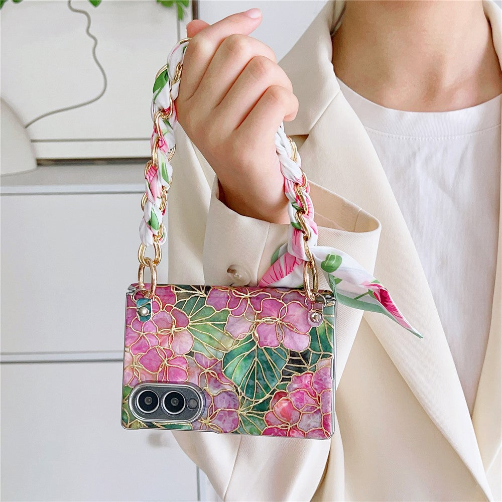 For Samsung Galaxy Z Fold8 Case Gilded Floral Pattern Hard PC Phone Cover with Detachable Silk Ribbon Hand Strap