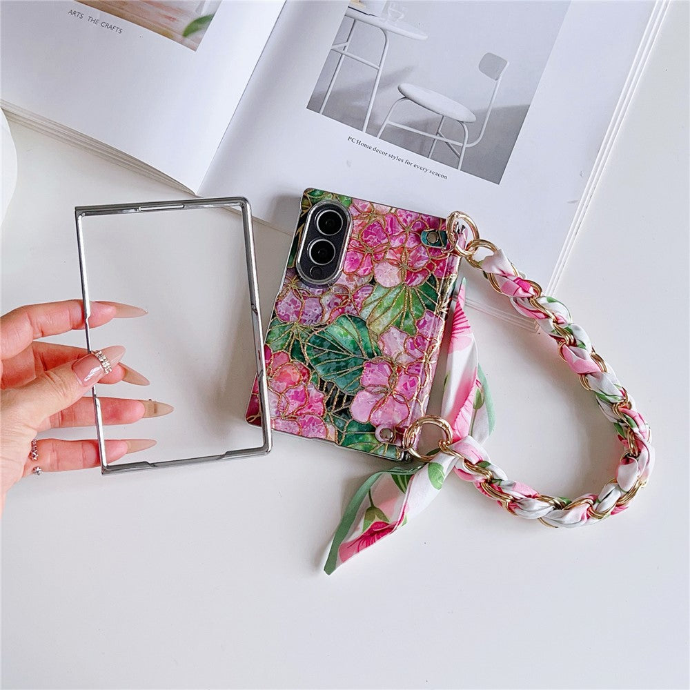 For Samsung Galaxy Z Fold8 Case Gilded Floral Pattern Hard PC Phone Cover with Detachable Silk Ribbon Hand Strap