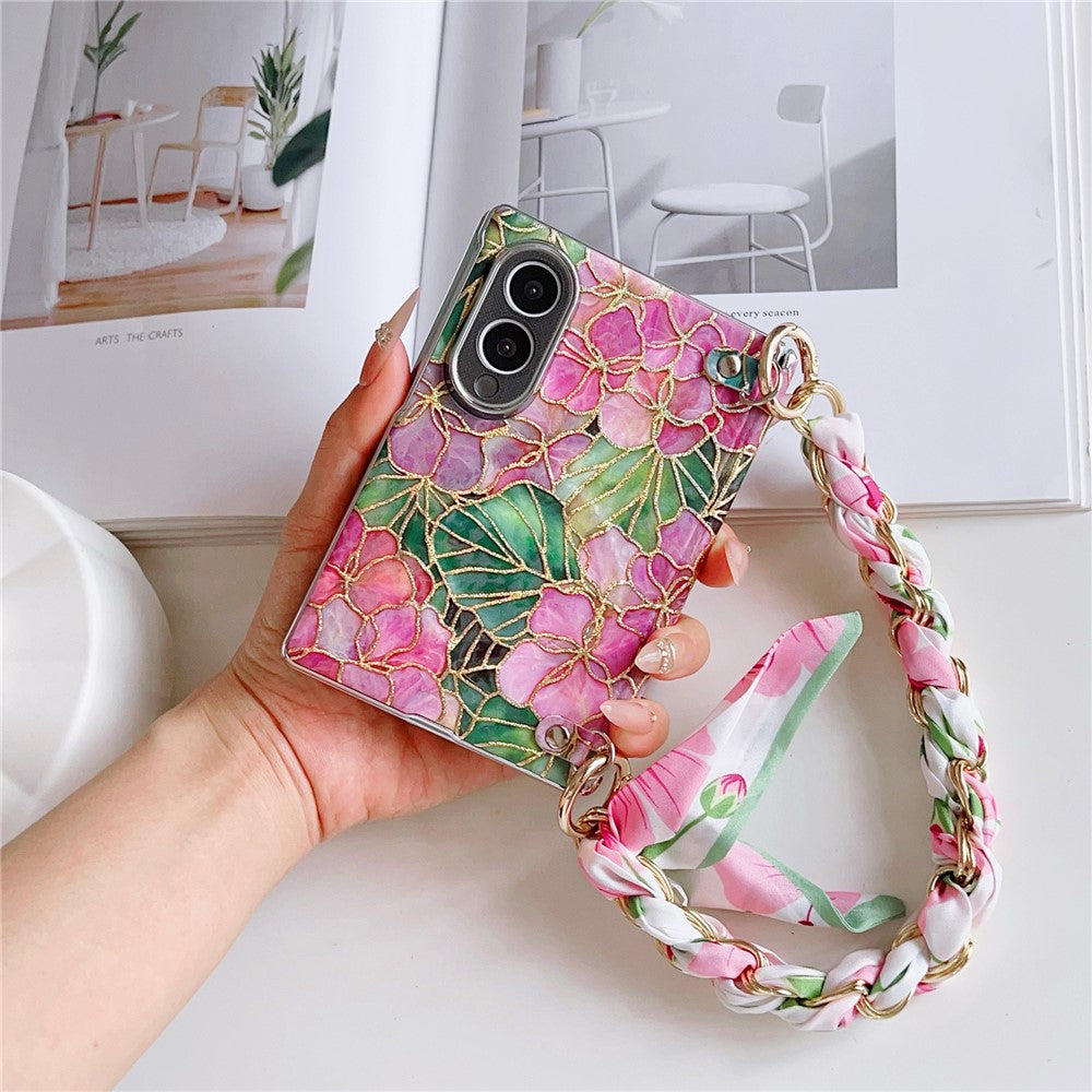 For Samsung Galaxy Z Fold8 Case Gilded Floral Pattern Hard PC Phone Cover with Detachable Silk Ribbon Hand Strap