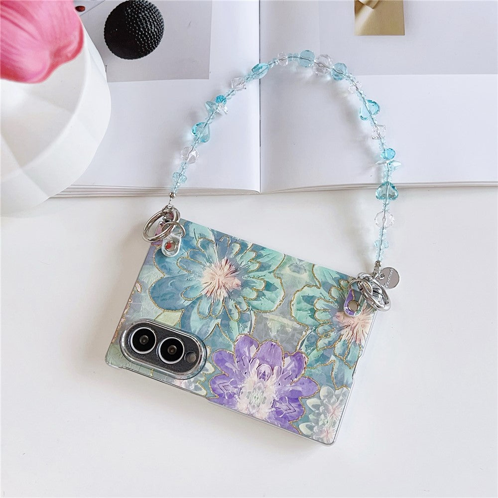 Samsung Galaxy Z Fold8-skal med oljemålning och blommigt motiv, med avtagbar handrem i kristallpärlor