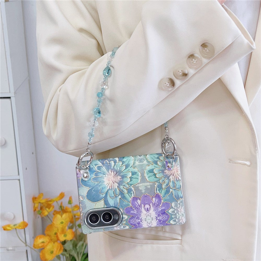 Samsung Galaxy Z Fold8-skal med oljemålning och blommigt motiv, med avtagbar handrem i kristallpärlor