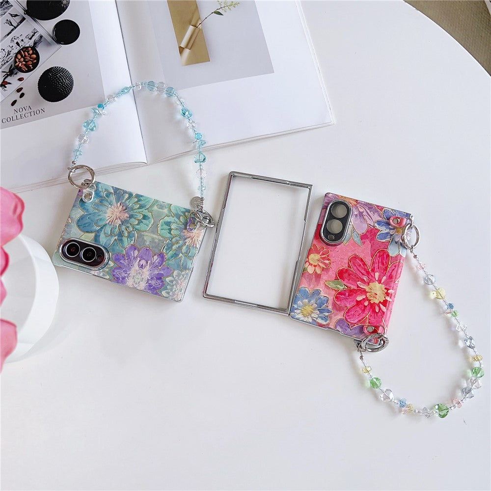 Samsung Galaxy Z Fold8-skal med oljemålning och blommigt motiv, med avtagbar handrem i kristallpärlor