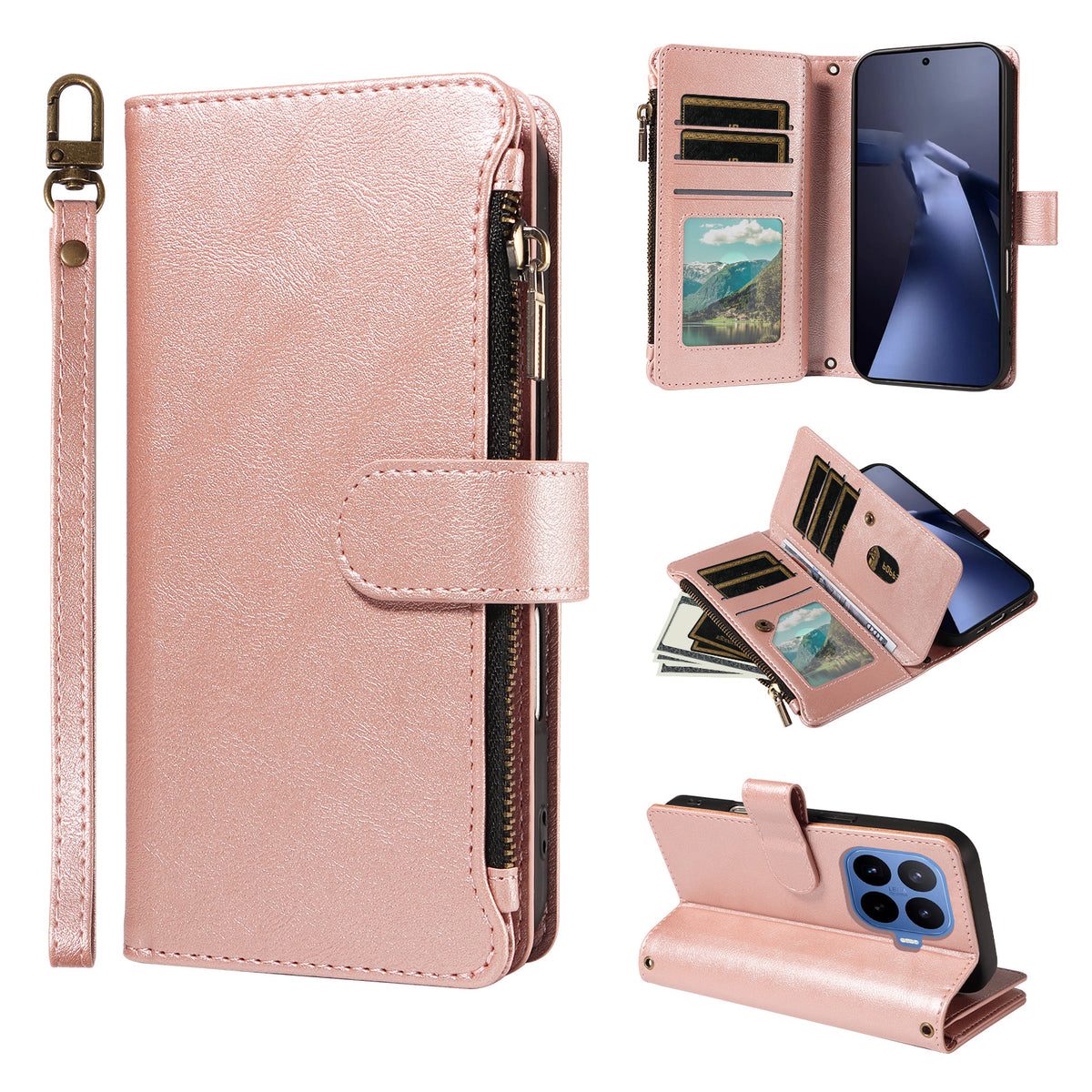 For Xiaomi 17T Leather Case 9 Card Slots Zipper Pocket Phone Cover with Wrist Strap