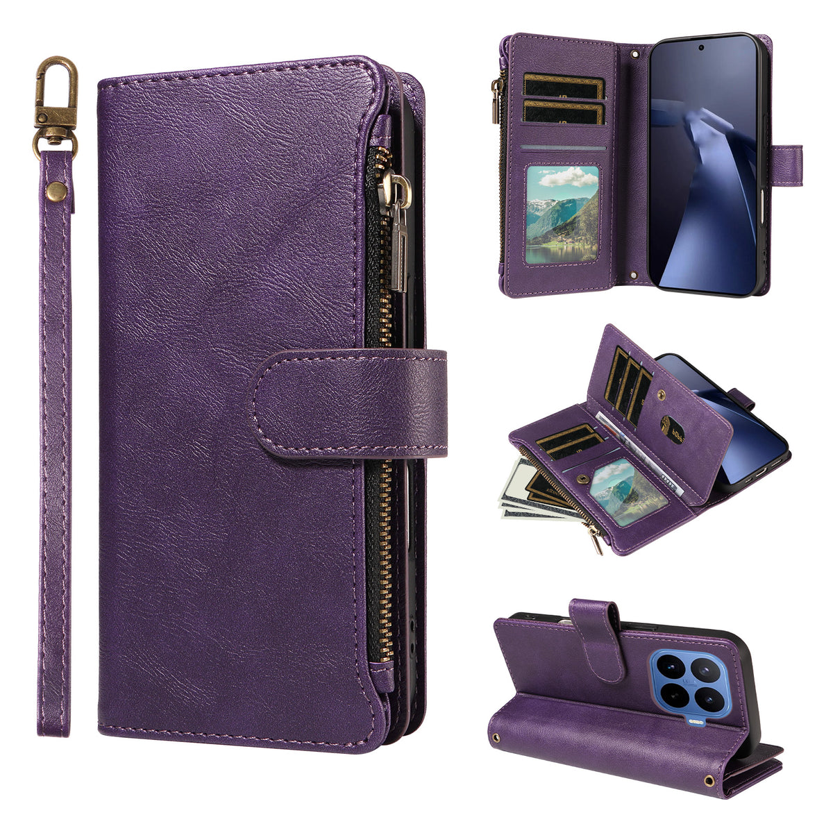 For Xiaomi 17T Leather Case 9 Card Slots Zipper Pocket Phone Cover with Wrist Strap