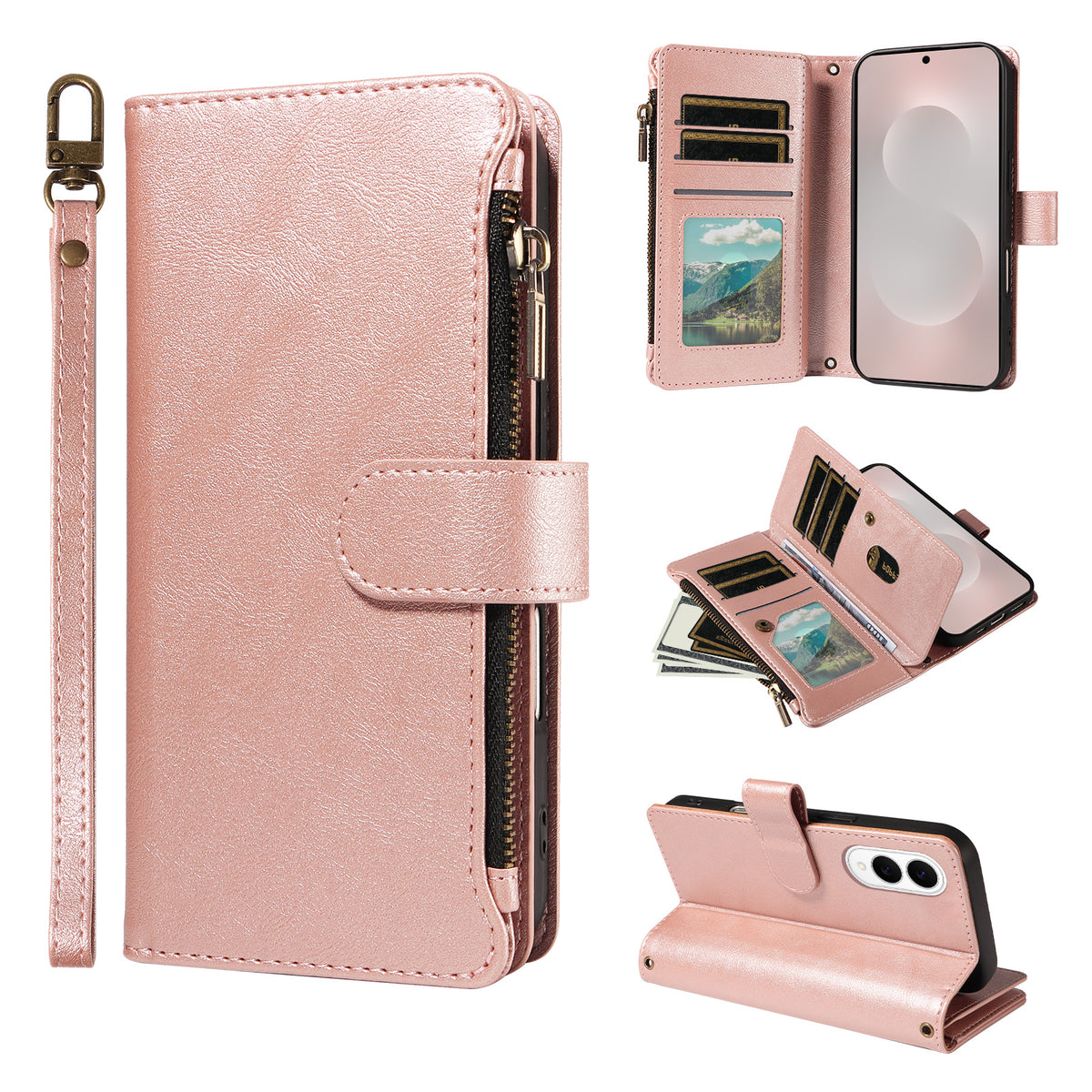 For Samsung Galaxy S25 Edge Leather Case 9 Card Slots Zipper Pocket Phone Cover with Wrist Strap