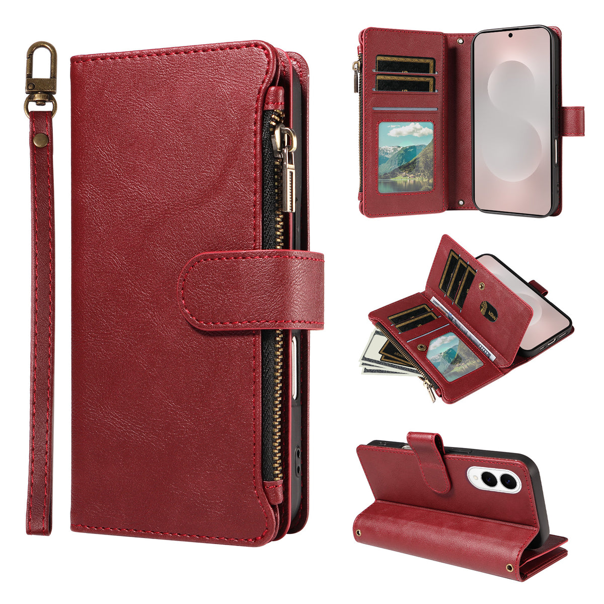 For Samsung Galaxy S25 Edge Leather Case 9 Card Slots Zipper Pocket Phone Cover with Wrist Strap