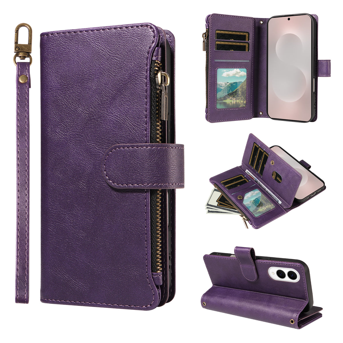For Samsung Galaxy S25 Edge Leather Case 9 Card Slots Zipper Pocket Phone Cover with Wrist Strap