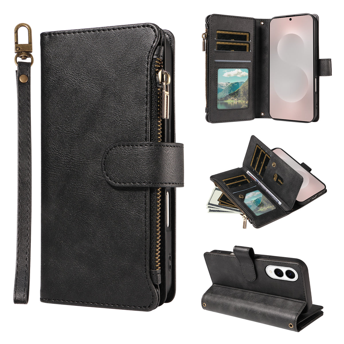 For Samsung Galaxy S25 Edge Leather Case 9 Card Slots Zipper Pocket Phone Cover with Wrist Strap