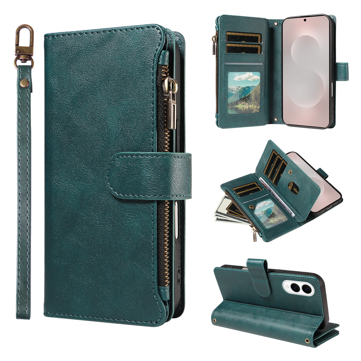 For Samsung Galaxy S25 Edge Leather Case 9 Card Slots Zipper Pocket Phone Cover with Wrist Strap