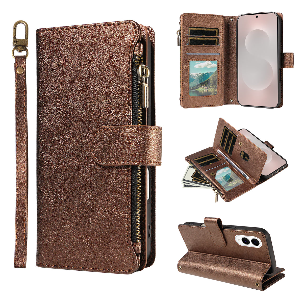 For Samsung Galaxy S25 Edge Leather Case 9 Card Slots Zipper Pocket Phone Cover with Wrist Strap