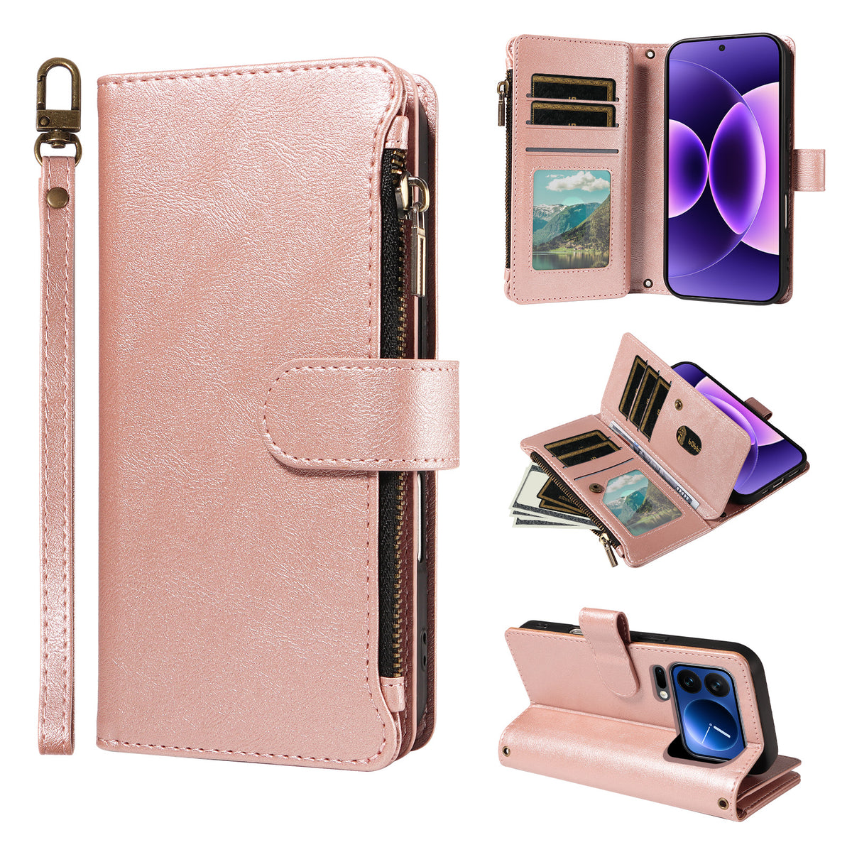 For Xiaomi 17T Pro Leather Case 9 Card Slots Zipper Pocket Phone Cover with Wrist Strap