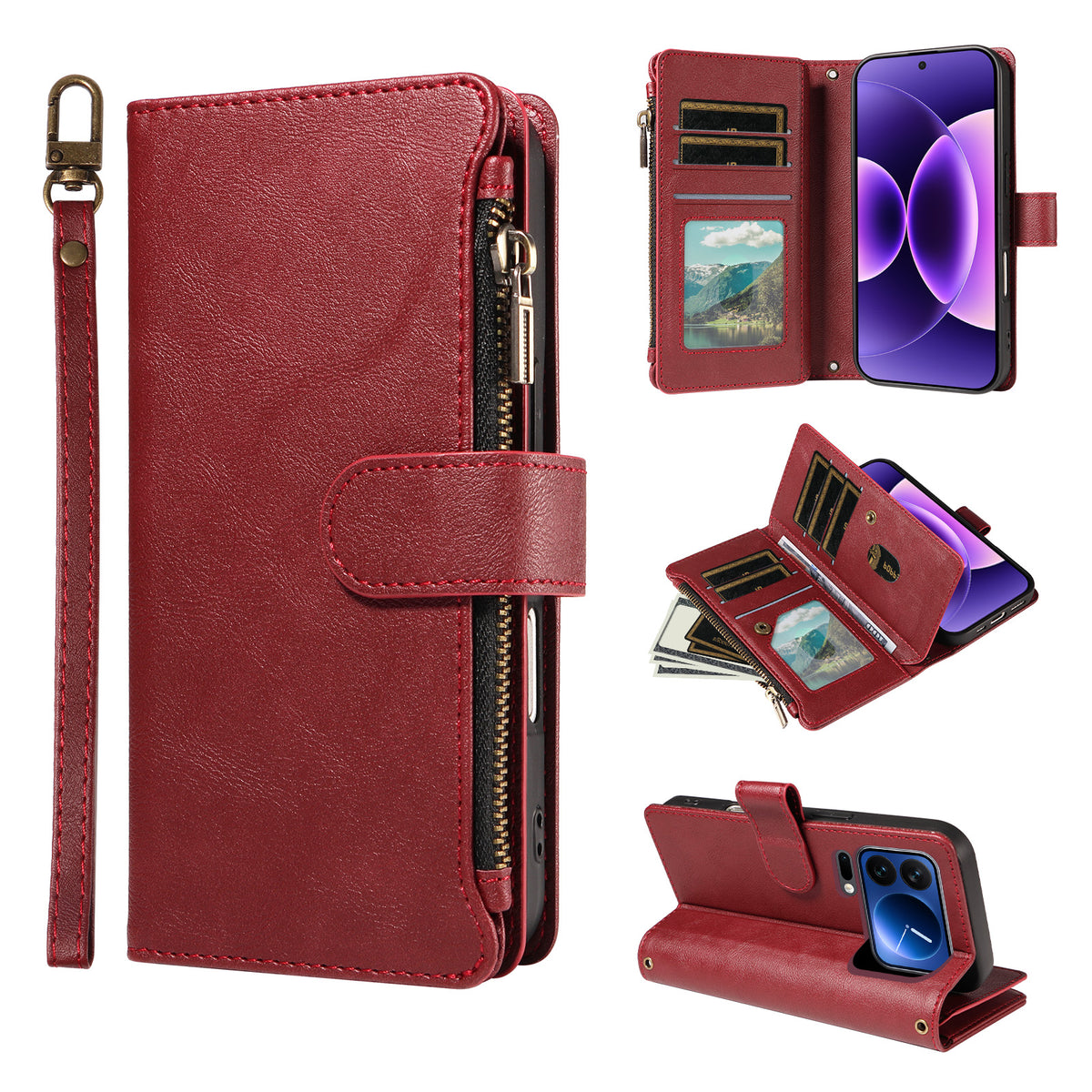 For Xiaomi 17T Pro Leather Case 9 Card Slots Zipper Pocket Phone Cover with Wrist Strap