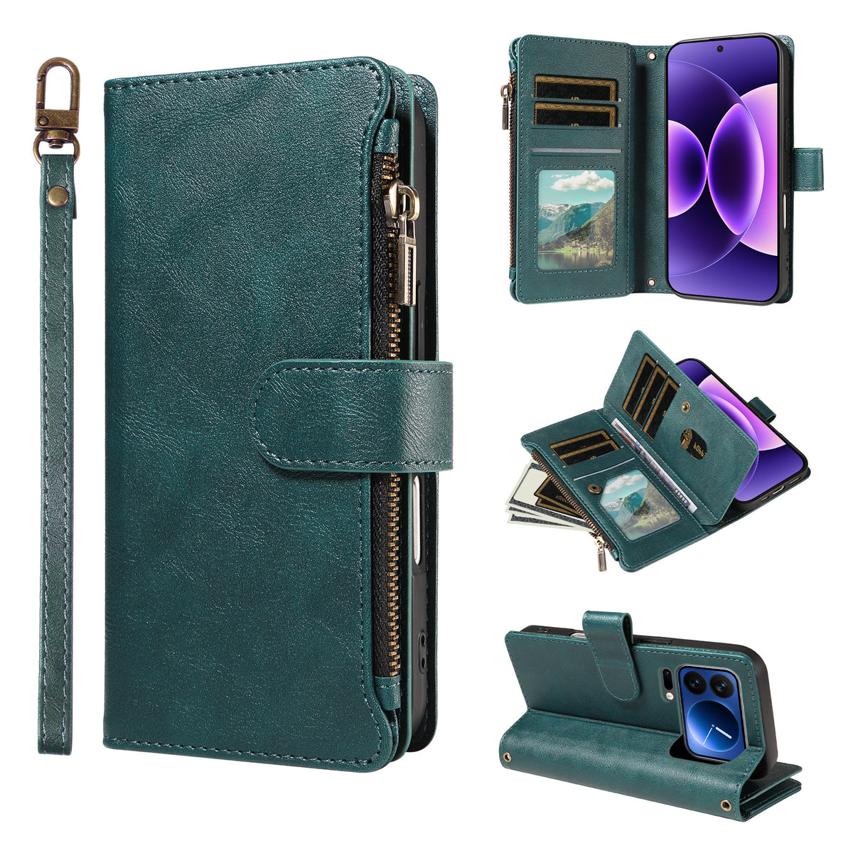 For Xiaomi 17T Pro Leather Case 9 Card Slots Zipper Pocket Phone Cover with Wrist Strap