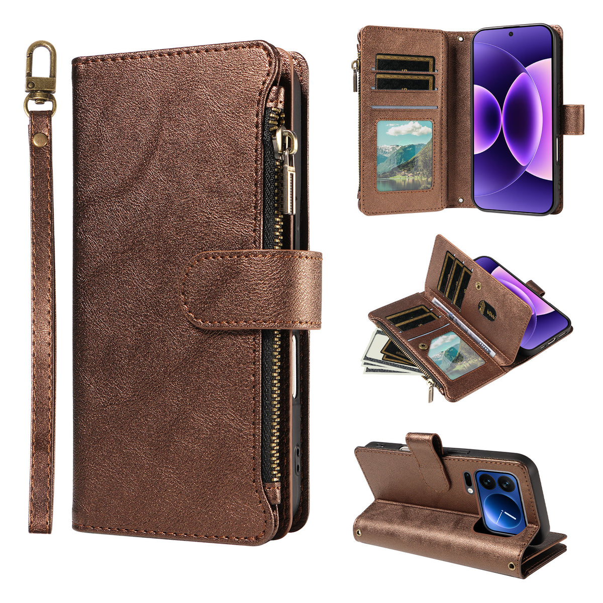 For Xiaomi 17T Pro Leather Case 9 Card Slots Zipper Pocket Phone Cover with Wrist Strap