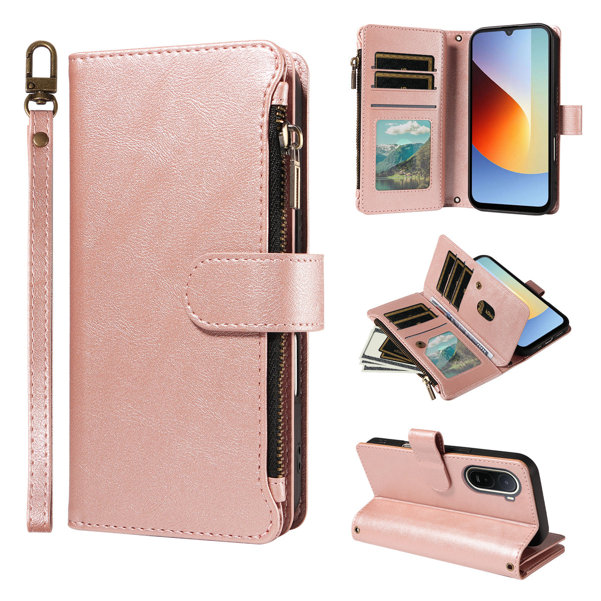 For Xiaomi Redmi A7 Pro 4G (171.56mm) Leather Case 9 Card Slots Zipper Pocket Phone Cover with Wrist Strap