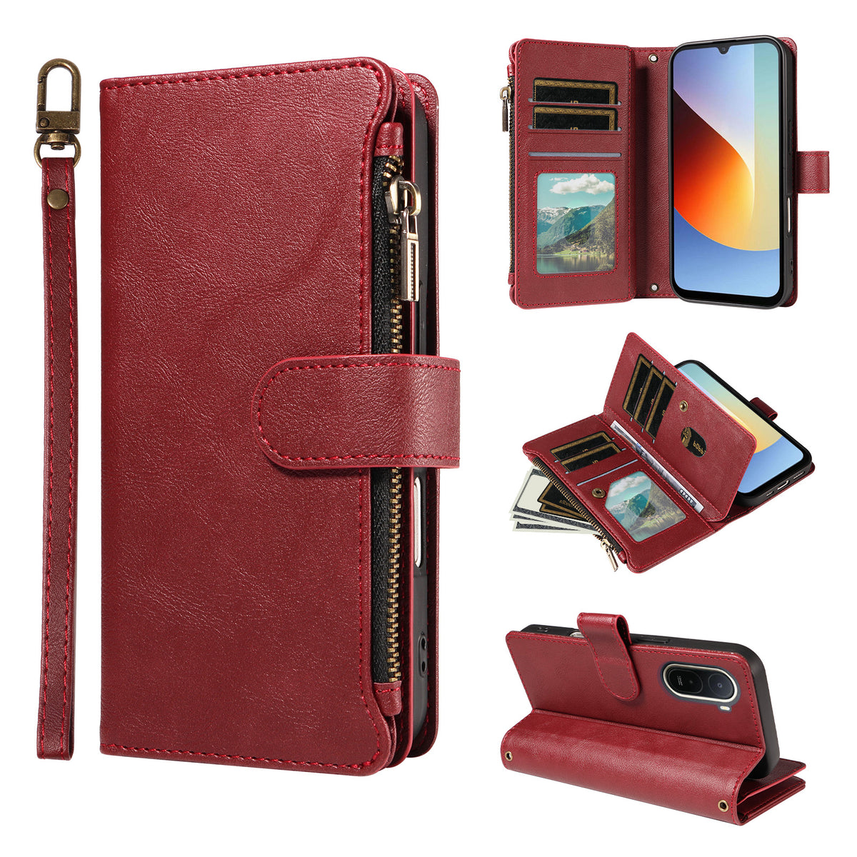 For Xiaomi Redmi A7 Pro 4G (171.56mm) Leather Case 9 Card Slots Zipper Pocket Phone Cover with Wrist Strap
