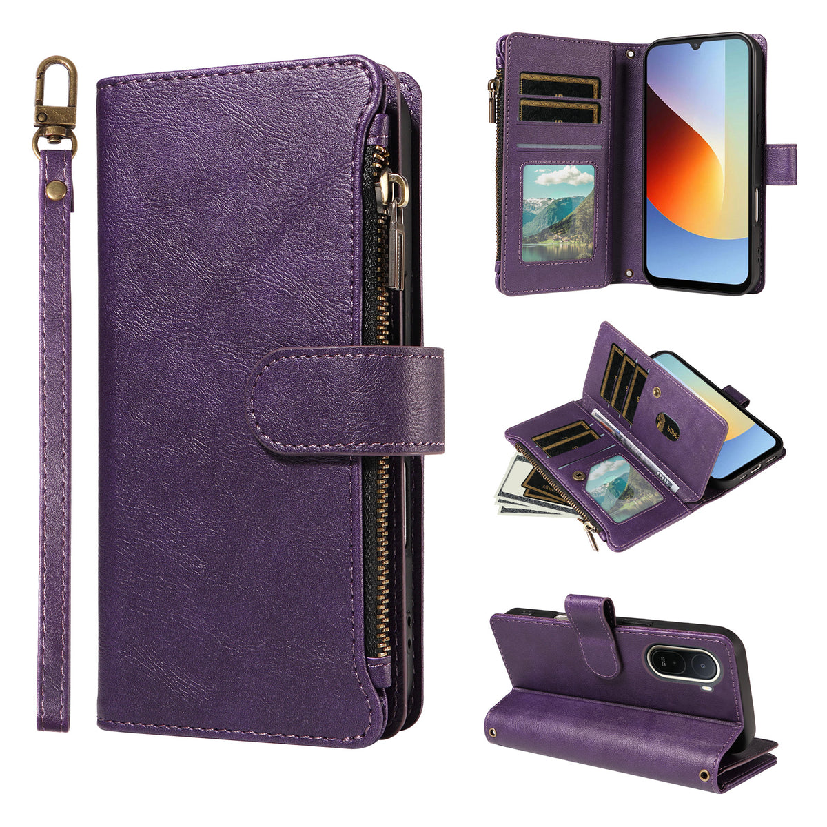 For Xiaomi Redmi A7 Pro 4G (171.56mm) Leather Case 9 Card Slots Zipper Pocket Phone Cover with Wrist Strap
