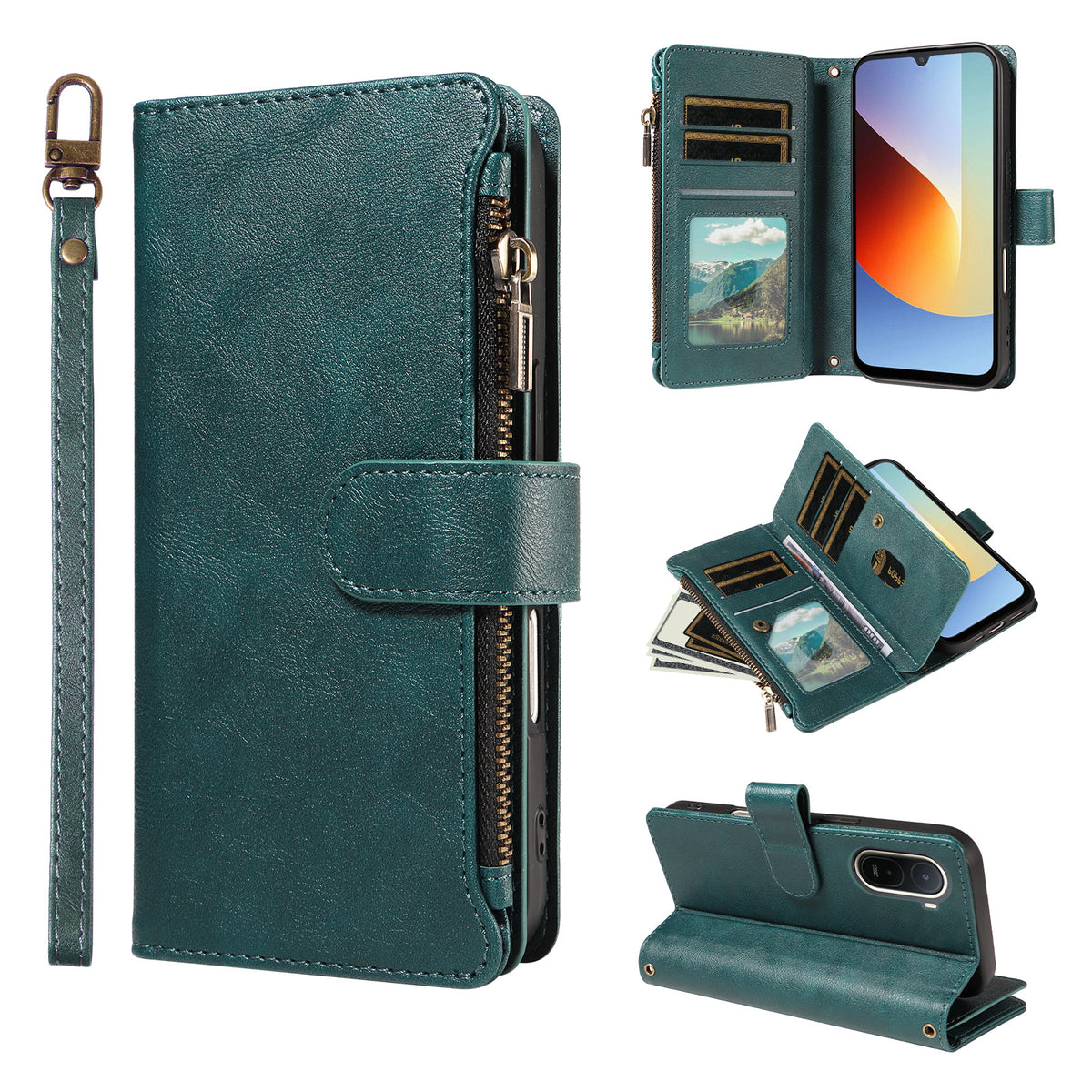 For Xiaomi Redmi A7 Pro 4G (171.56mm) Leather Case 9 Card Slots Zipper Pocket Phone Cover with Wrist Strap