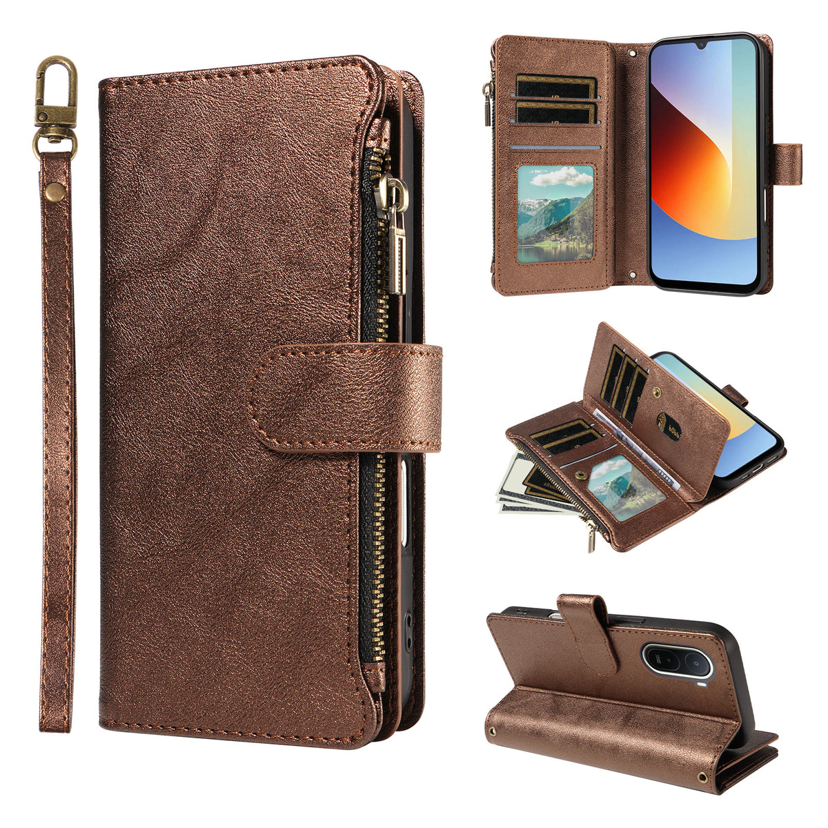 For Xiaomi Redmi A7 Pro 4G (171.56mm) Leather Case 9 Card Slots Zipper Pocket Phone Cover with Wrist Strap