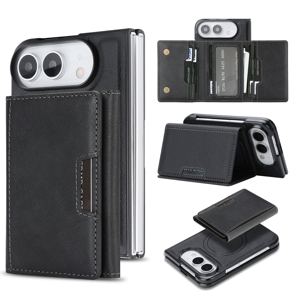 For iPhone Fold Magnetic Case Tri-fold Card Bag Kickstand PU Leather Coated TPU Cover