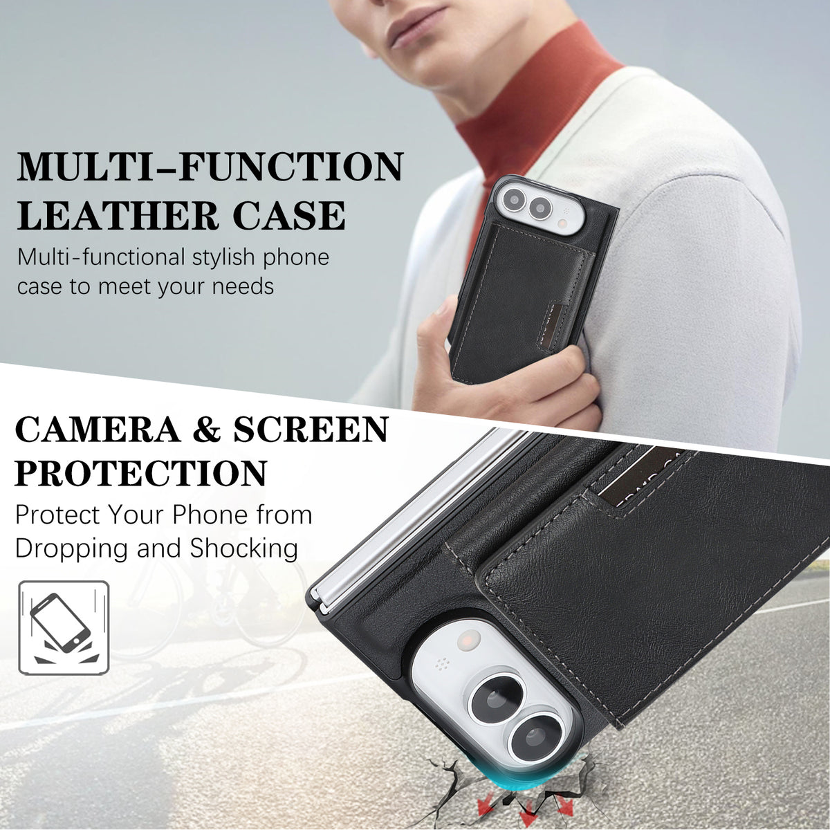 For iPhone Fold Magnetic Case Tri-fold Card Bag Kickstand PU Leather Coated TPU Cover