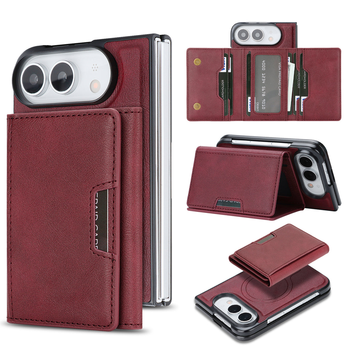 For iPhone Fold Magnetic Case Tri-fold Card Bag Kickstand PU Leather Coated TPU Cover