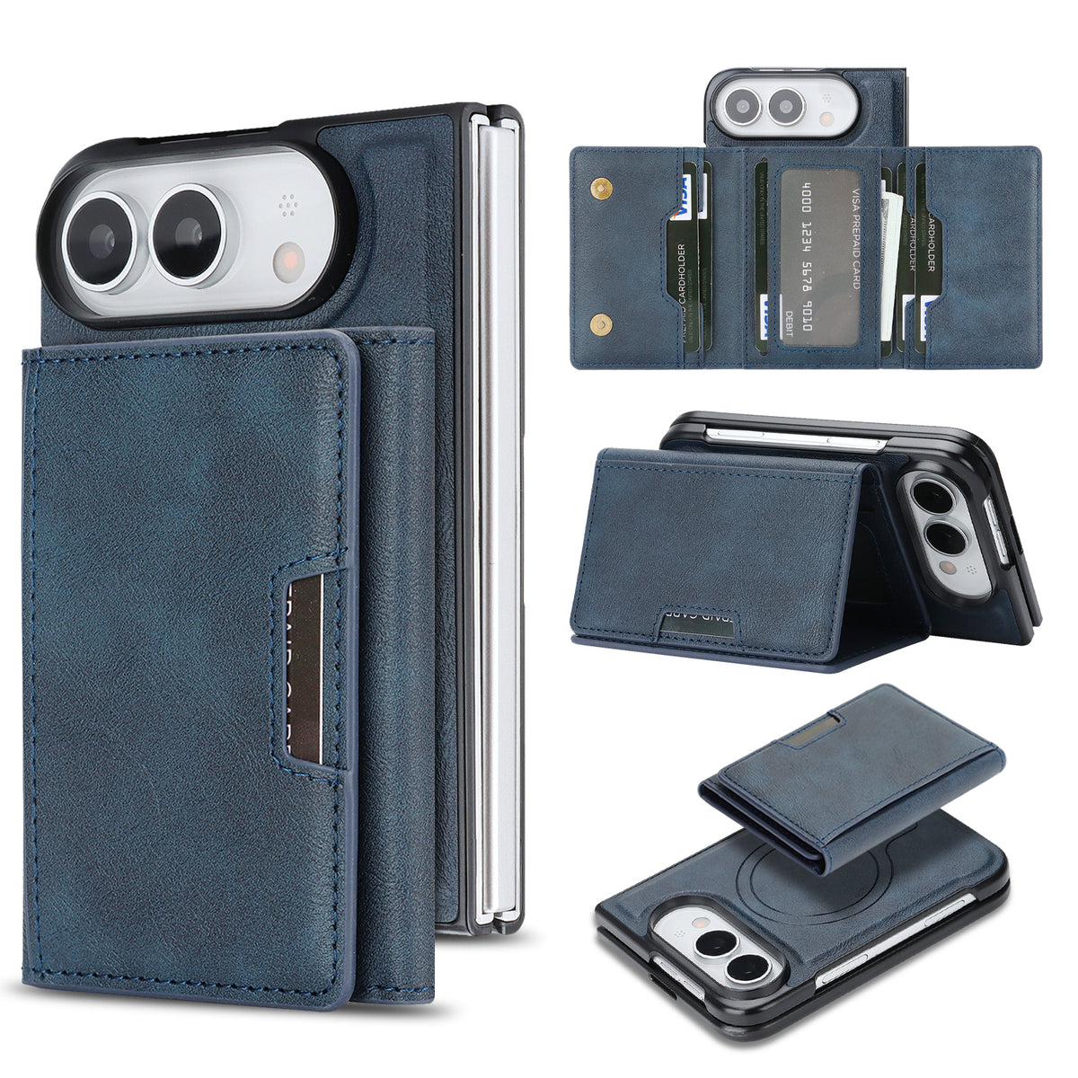 For iPhone Fold Magnetic Case Tri-fold Card Bag Kickstand PU Leather Coated TPU Cover