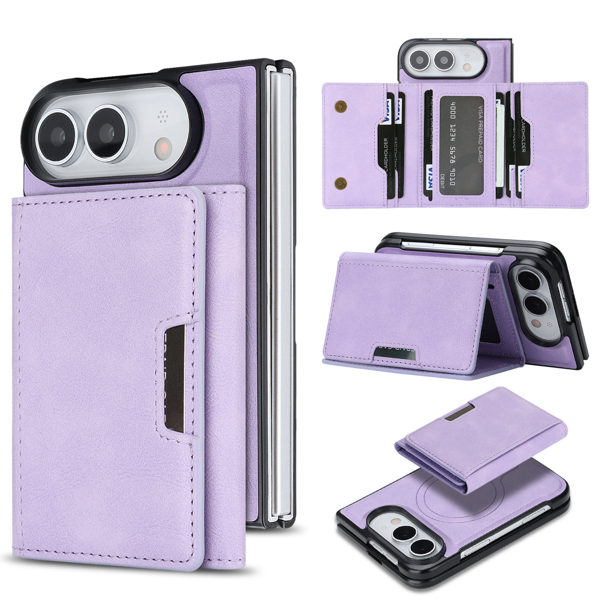 For iPhone Fold Magnetic Case Tri-fold Card Bag Kickstand PU Leather Coated TPU Cover