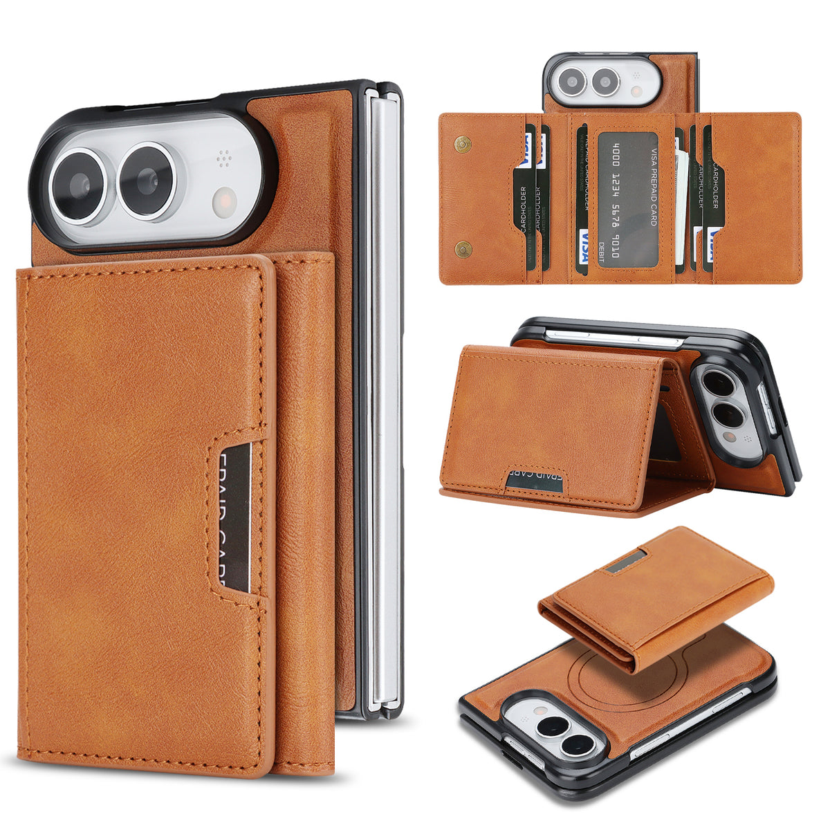 For iPhone Fold Magnetic Case Tri-fold Card Bag Kickstand PU Leather Coated TPU Cover